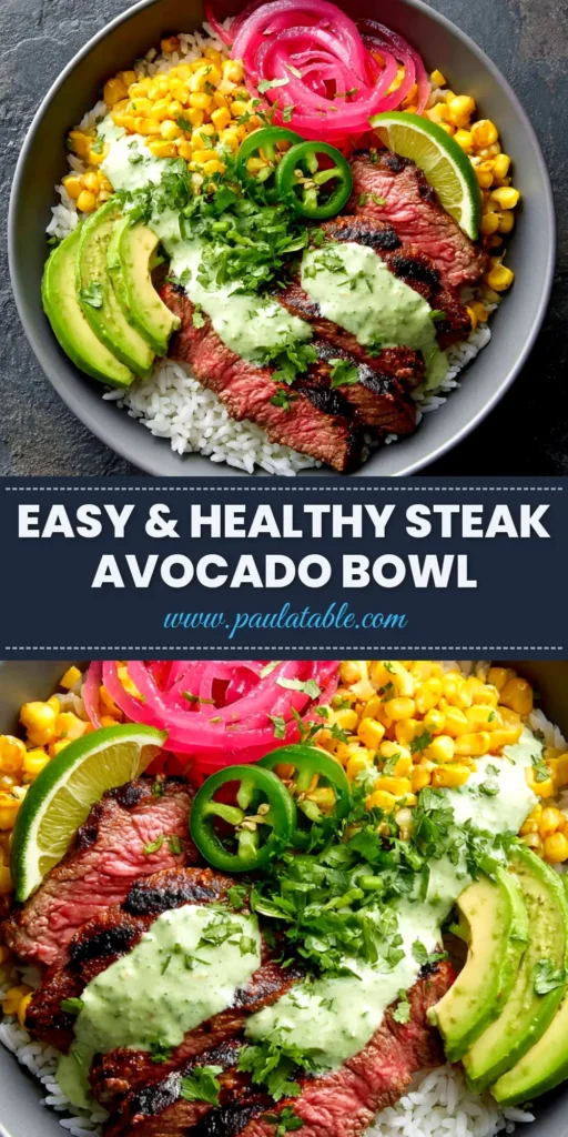 Steak Avocado Bowl: The Ultimate Healthy Recipe 3 A beautiful overhead shot of a Steak Avocado Bowl, with perfectly sliced steak, fresh avocado, corn, and tomatoes over a bed of quinoa, drizzled with a creamy dressing.