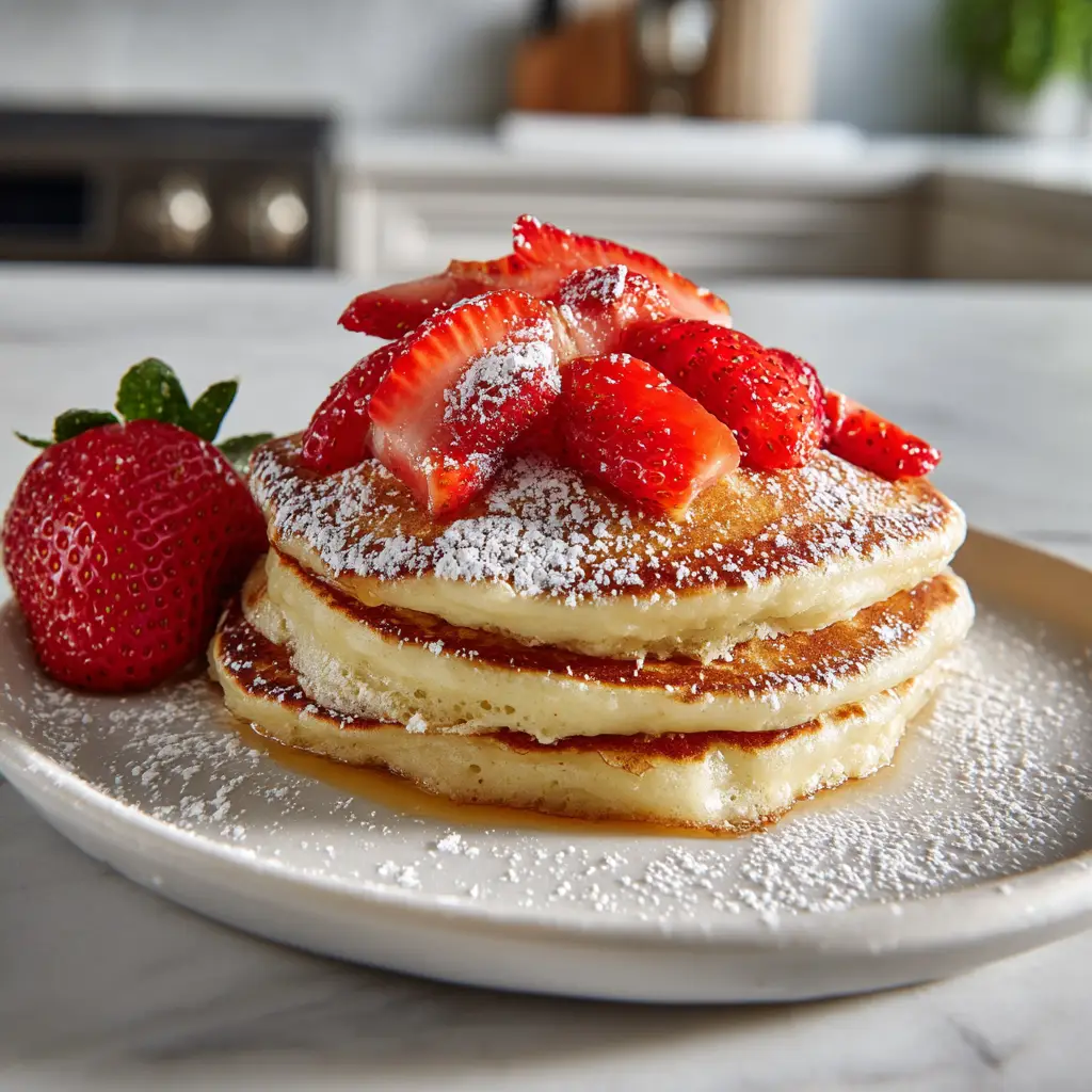 A bowl of fresh strawberry compote next to a bowl of vanilla pancake batter, showing the ingredients ready for the recipe.