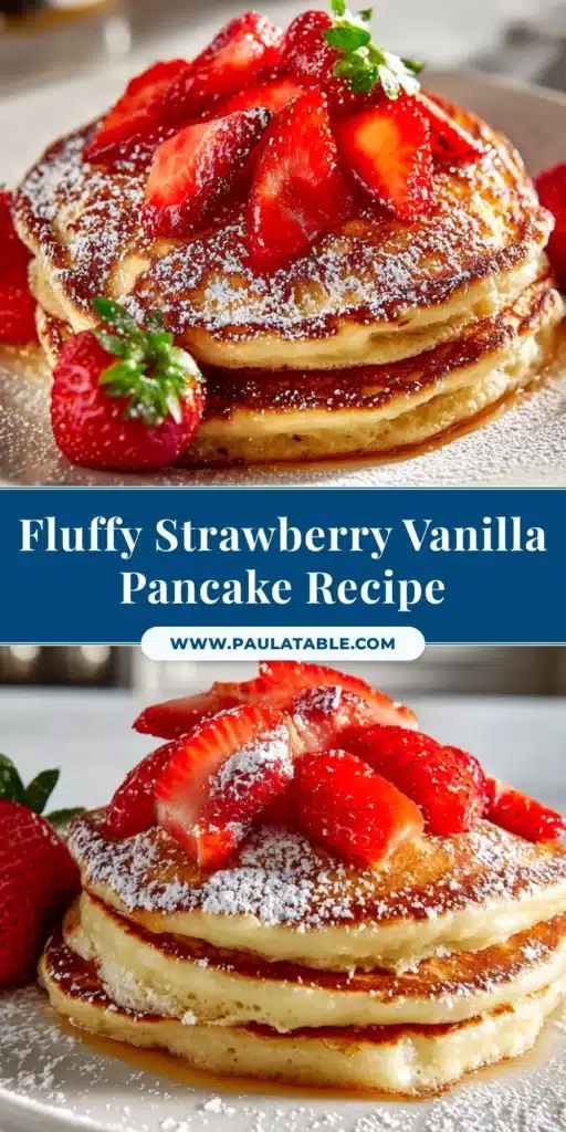 A beautiful stack of fluffy Strawberry Vanilla Pancakes topped with fresh strawberry compote and a dusting of powdered sugar on a white plate.
