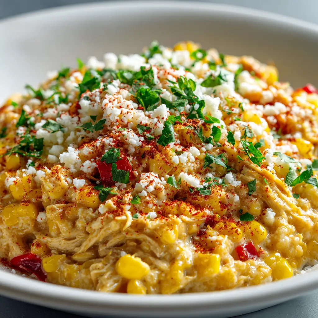 A serving of Mexican street corn chicken casserole on a plate, garnished with fresh cilantro and a lime wedge on the side.