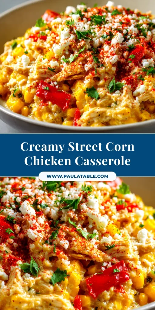 A close-up overhead shot of a golden, bubbly Street Corn Chicken Casserole in a baking dish, garnished with fresh cilantro and cotija cheese.