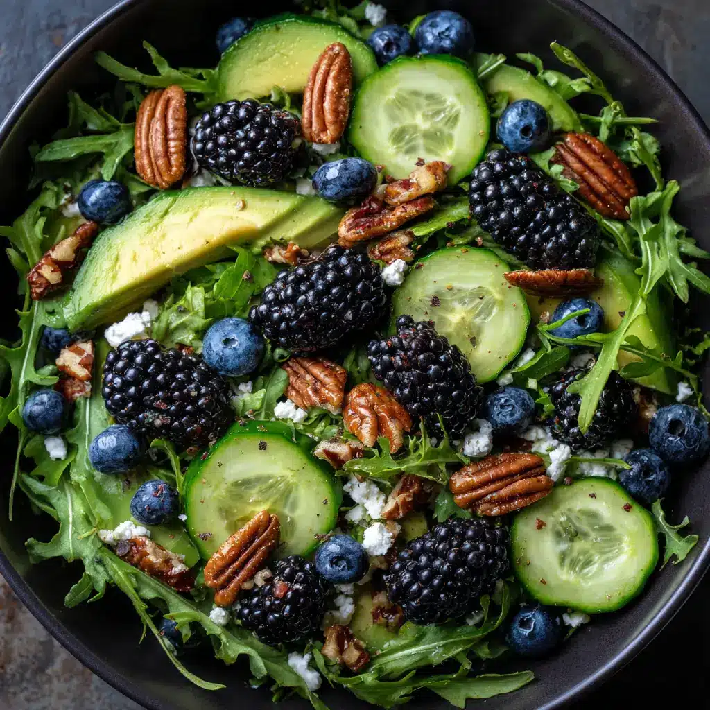 Blackberry Avocado Salad with Balsamic Vinaigrette 1 A large bowl of assembled Blackberry Avocado Salad being gently tossed with homemade balsamic vinaigrette.