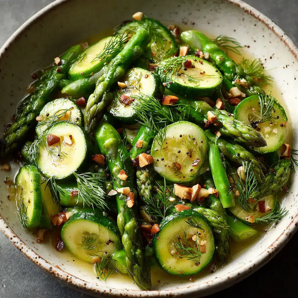 The final Sautéed Spring Vegetable Salad being tossed with a lemon-herb vinaigrette and crumbled feta cheese in a large bowl.
