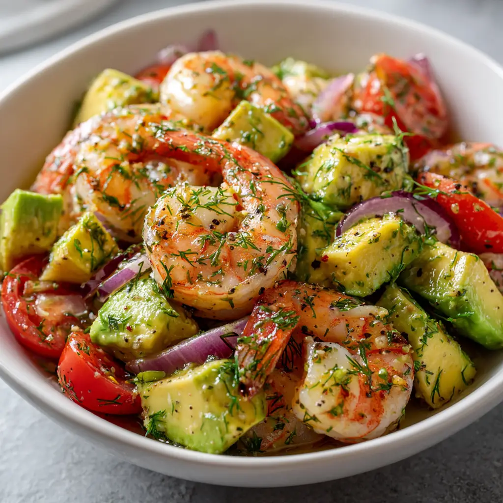 The finished shrimp and avocado salad being tossed with a light lime vinaigrette in a glass bowl.