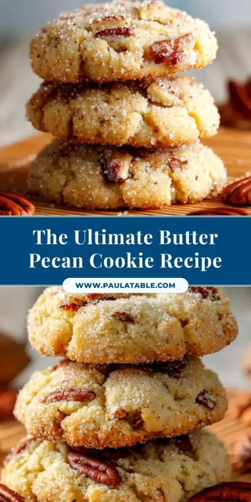 A stack of homemade butter pecan cookies on a rustic surface, with toasted pecans scattered around. The cookies are golden brown and chewy.