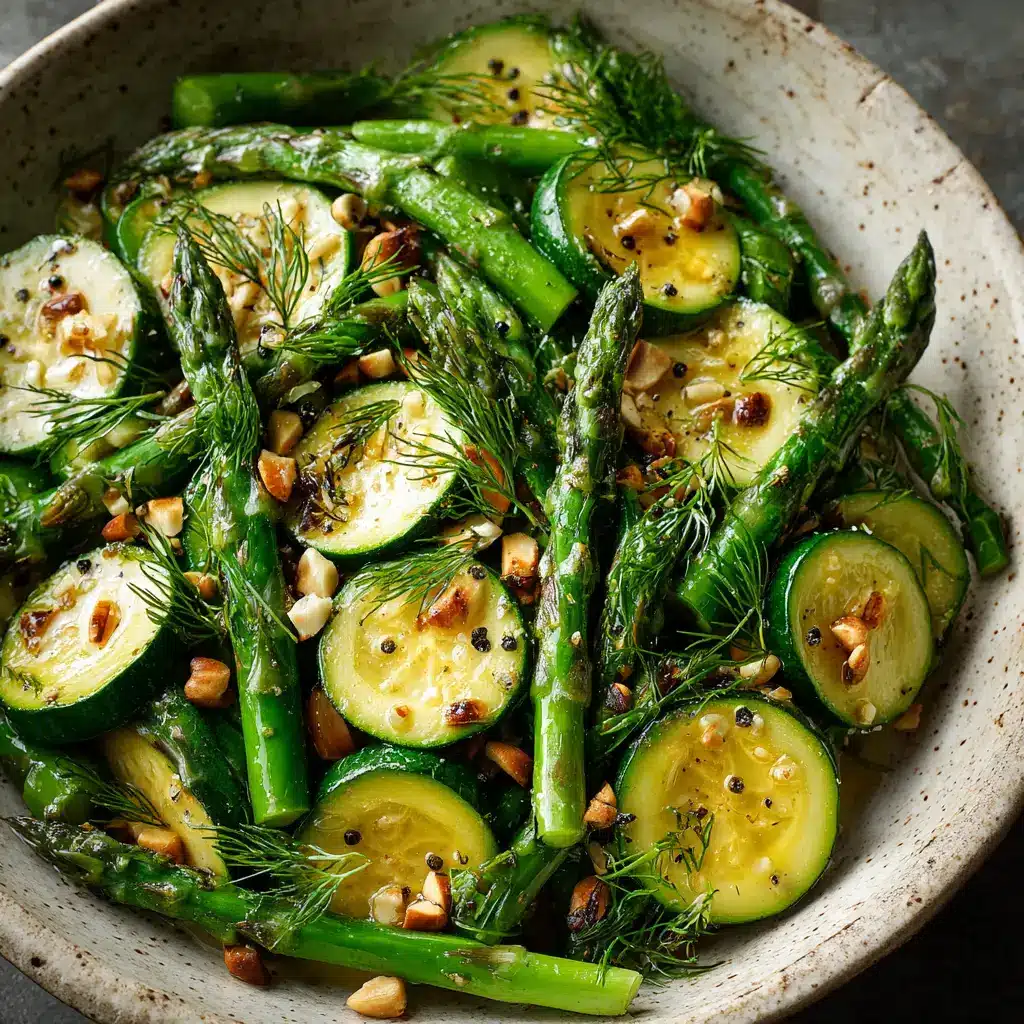 A close-up view of the warm vegetable salad, showing the crisp-tender texture of the sautéed asparagus and sweet peas.