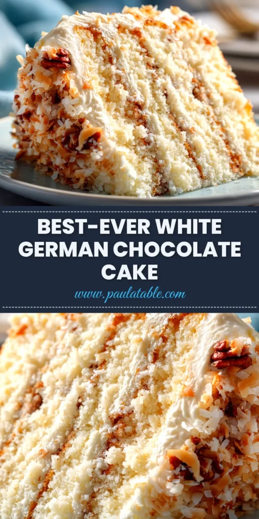 A stunning White German Chocolate Cake on a white cake stand, with a slice taken out to show the layers of moist white cake and gooey coconut-pecan frosting.