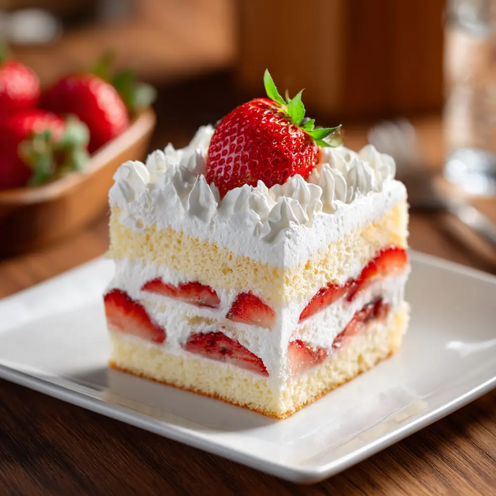 A full view of the assembled Japanese strawberry shortcake, decorated with fresh strawberries and piped whipped cream on a cake stand.