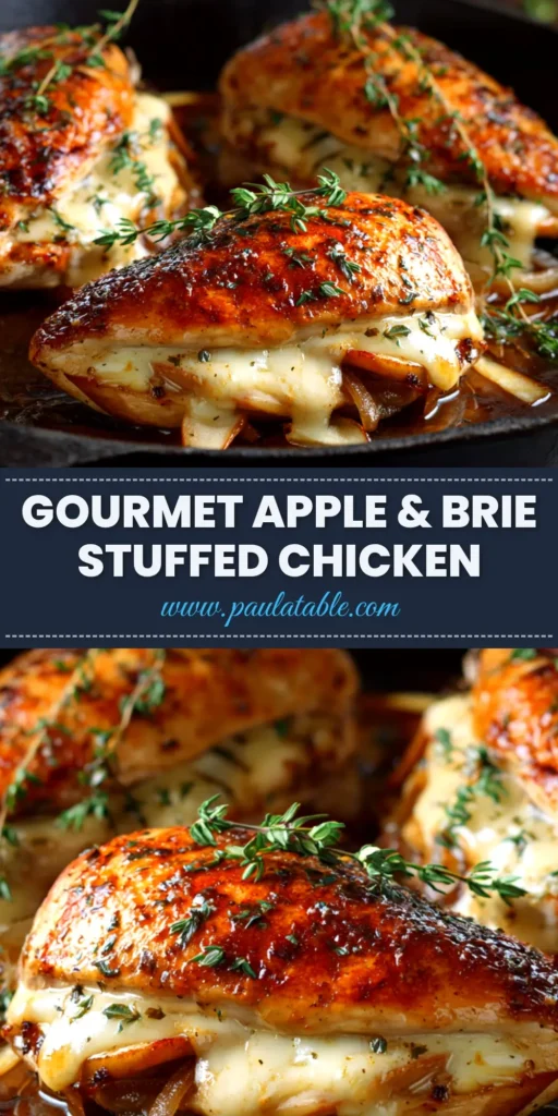 A close-up of golden-brown Apple Brie Stuffed Chicken, sliced to show the melted cheese and apple filling, served on a white plate.
