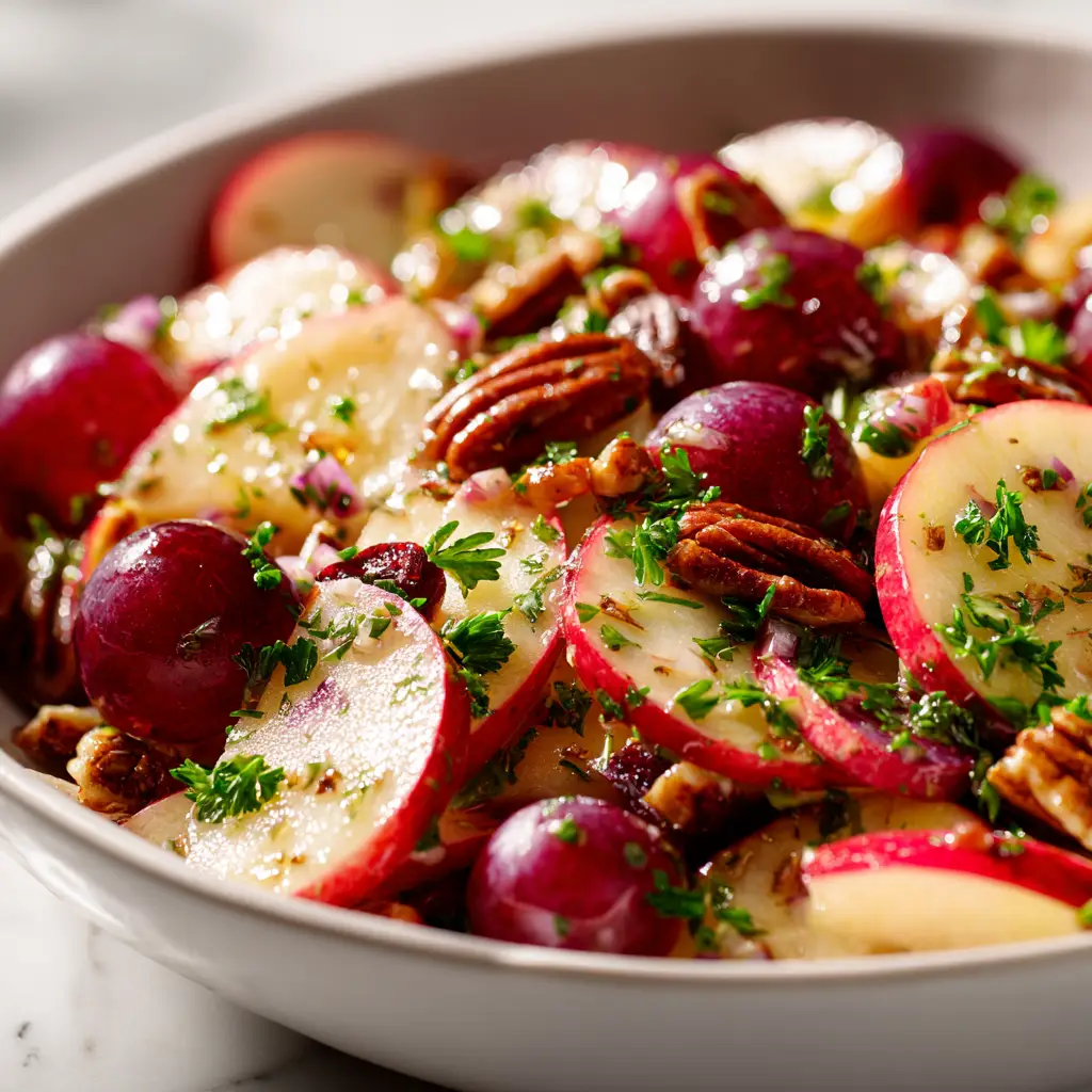Apple Salad Recipe (The Only One You'll Ever Need) 1 A close-up view of the creamy dressing coating the crisp apples and crunchy walnuts in the salad.