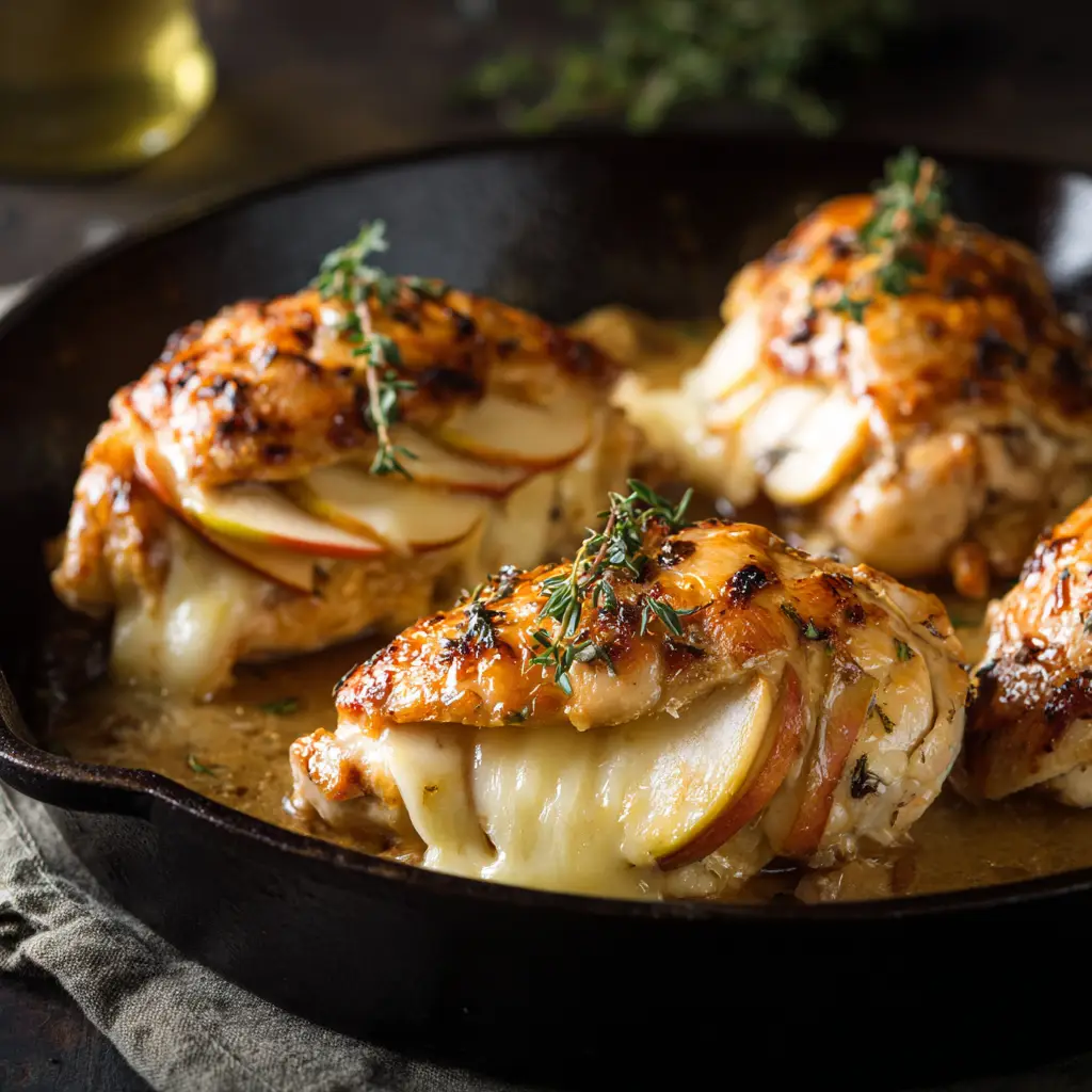 A single serving of Apple Brie Stuffed Chicken sliced open to reveal the creamy, melted brie and tender apple chunks inside.