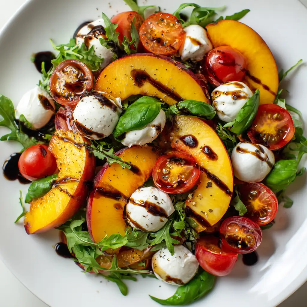 A beautiful arrangement of a Peach Burrata Salad with prosciutto and basil, showing how to assemble the perfect summer salad.