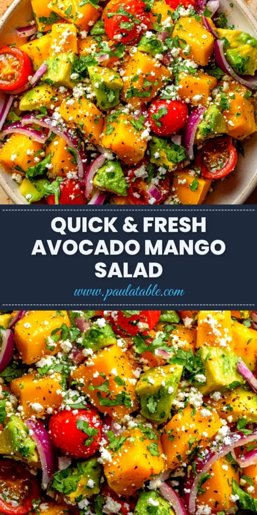 A vibrant Avocado Mango Salad in a white bowl, topped with fresh cilantro. The perfect healthy and refreshing summer recipe.