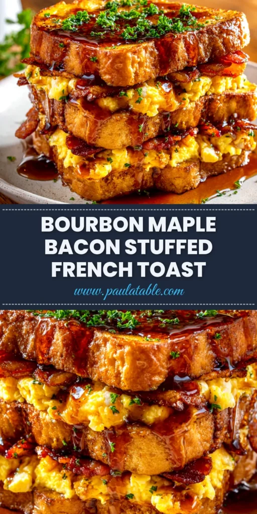 A stack of golden-brown Bacon Stuffed French Toast on a white plate, drizzled with maple syrup and garnished with fresh berries.
