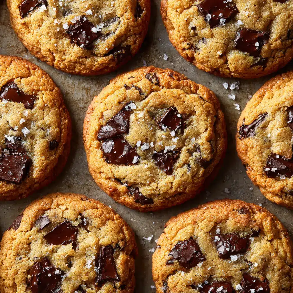 A batch of freshly baked brown butter chocolate chip cookies cooling on a wire rack, with crispy golden edges.