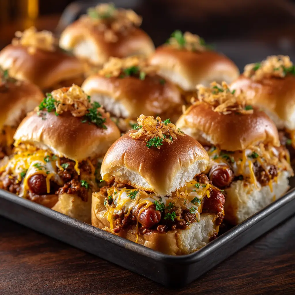 Chili Cheese Dog Sliders: The Ultimate Party Food 1 A golden-brown tray of baked chili cheese dog sliders fresh out of the oven, with melted cheese peeking out from the sides of the Hawaiian rolls.