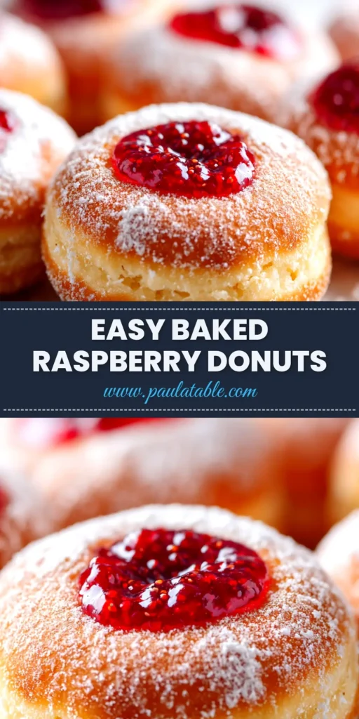 A plate of freshly baked raspberry donuts with a vibrant pink raspberry glaze, perfect for a sweet breakfast treat.