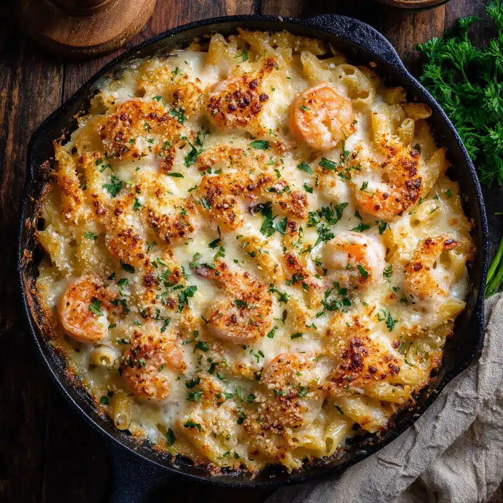 Shrimp Scampi Pasta Bake: The Ultimate Cheesy & Garlicky Dish 2 A close-up overhead shot of the baked shrimp scampi pasta, showing the creamy garlic sauce and tender shrimp.