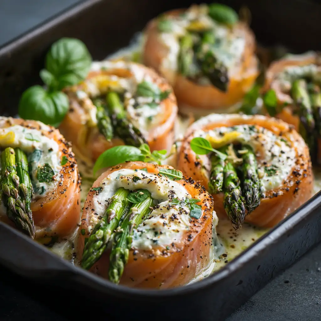 Stuffed Salmon Rolls (Easy & Elegant Recipe) 2 A close-up shot of baked salmon rolls highlighting the flaky texture of the fish and the creamy spinach and cheese filling inside.