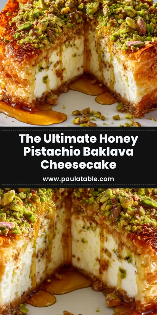A beautiful slice of baklava cheesecake on a white plate, showing the creamy filling and flaky phyllo top drizzled with honey syrup.