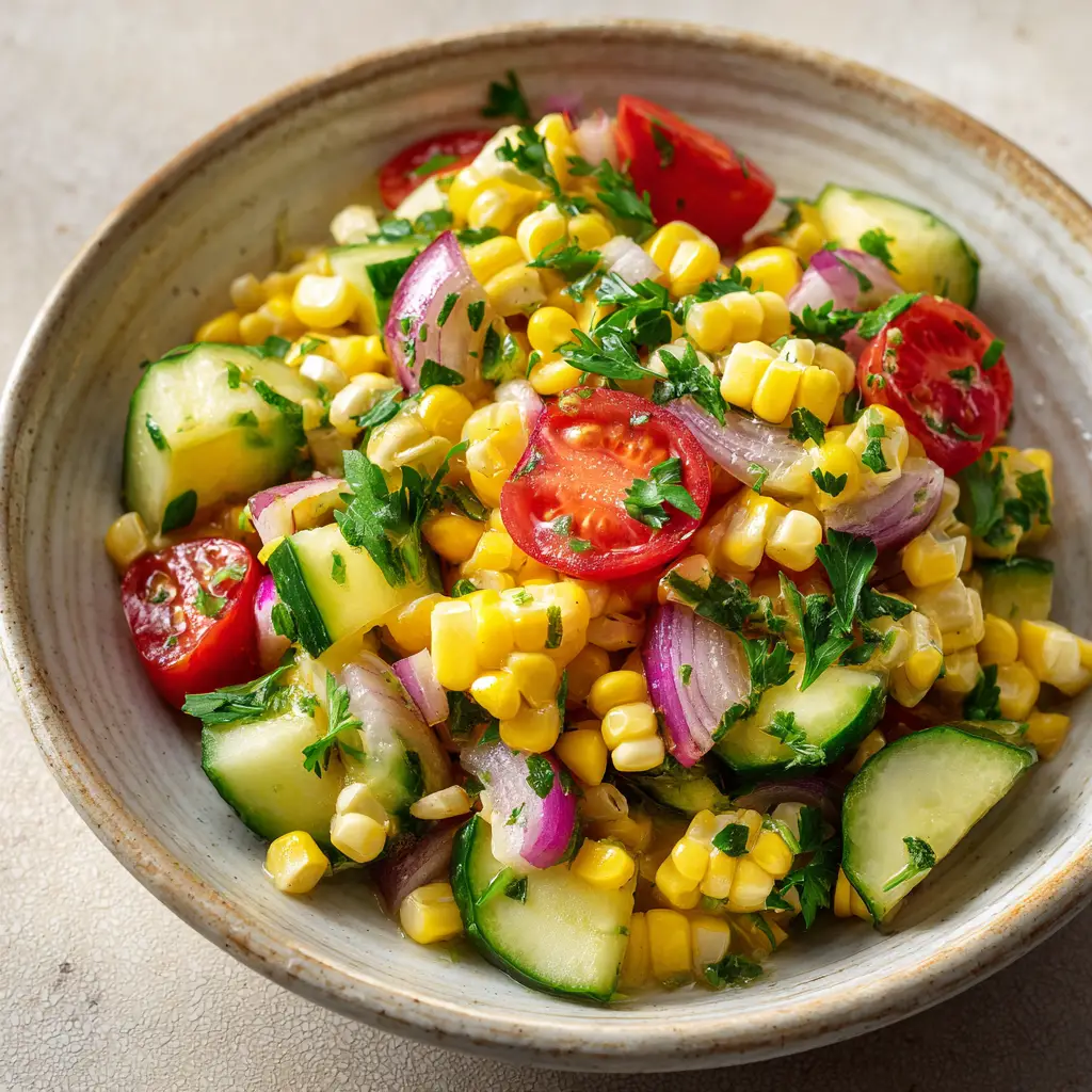 A close-up shot of the best corn salad recipe, showing the texture of the corn, cilantro, and diced red peppers. Perfect as a healthy side dish.