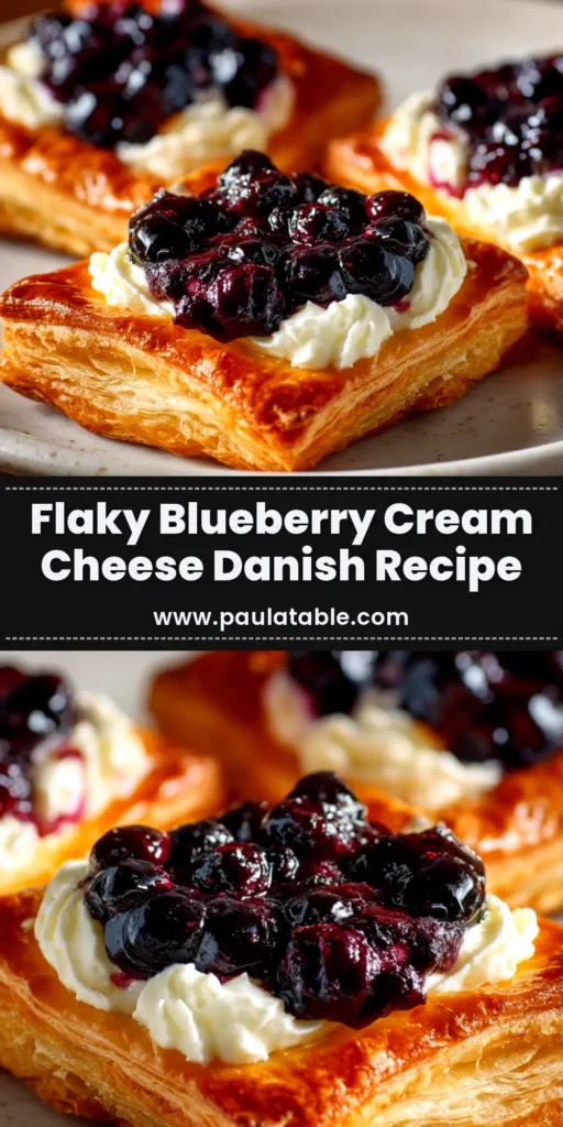 An overhead shot of a perfectly baked Blueberry Cream Cheese Danish on a white plate, drizzled with a sweet glaze. The pastry is golden-brown and flaky.