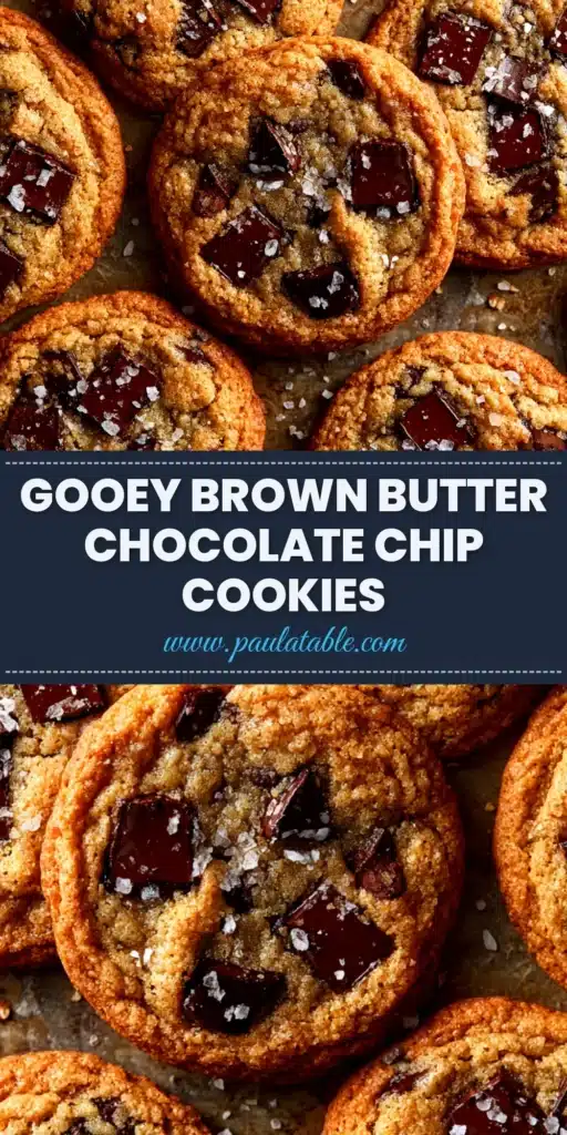 A stack of chewy brown butter chocolate chip cookies with flaky sea salt on top, showing their gooey centers.