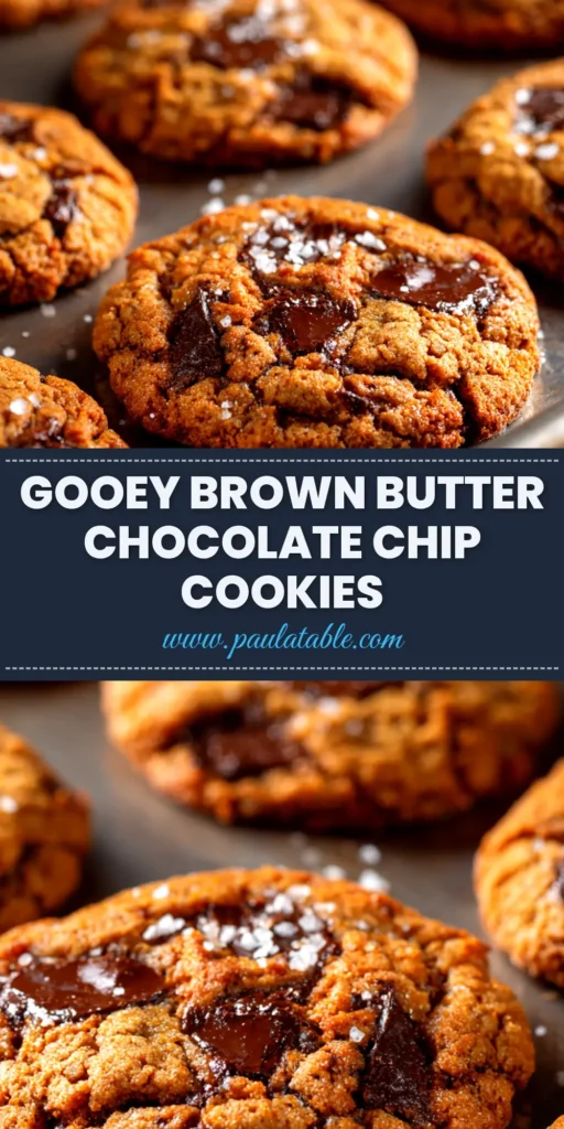 A stack of chewy brown butter chocolate chip cookies, showing their gooey chocolate centers and crispy edges.