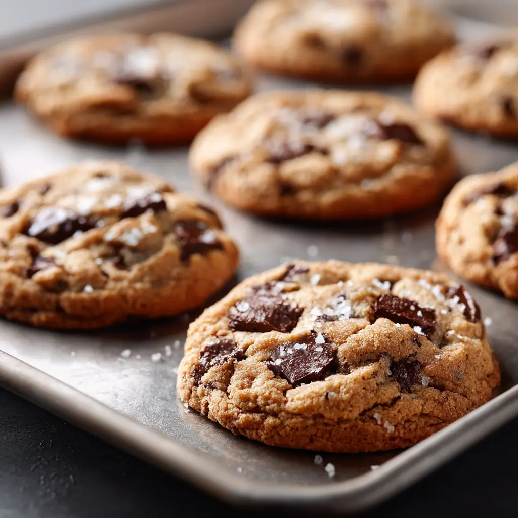 A bowl of brown butter chocolate chip cookie dough being mixed, showing the rich color and chunks of chocolate.