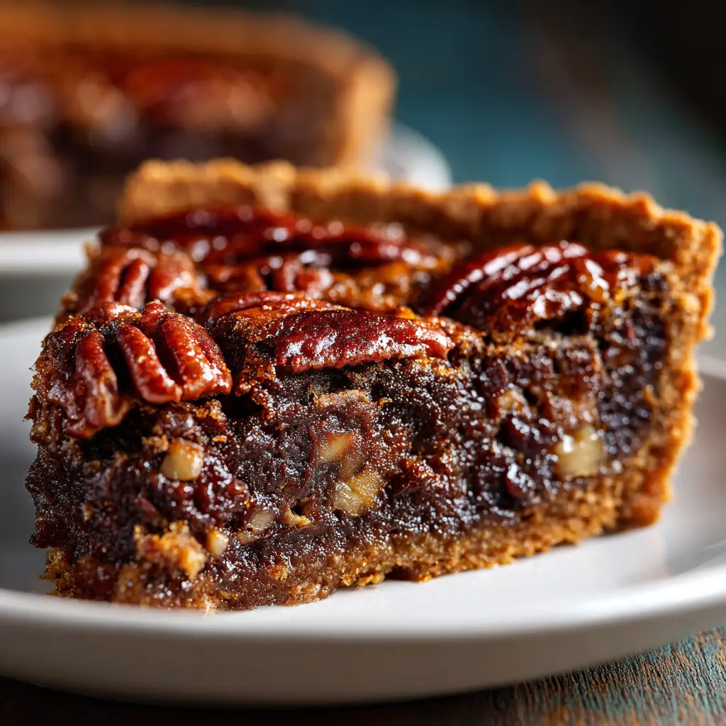 Brownie Pecan Pie: The Ultimate Fudgy Chocolate Recipe 2 A close-up slice of chocolate pecan pie on a white plate, showing the distinct fudgy brownie layer and the gooey pecan topping.