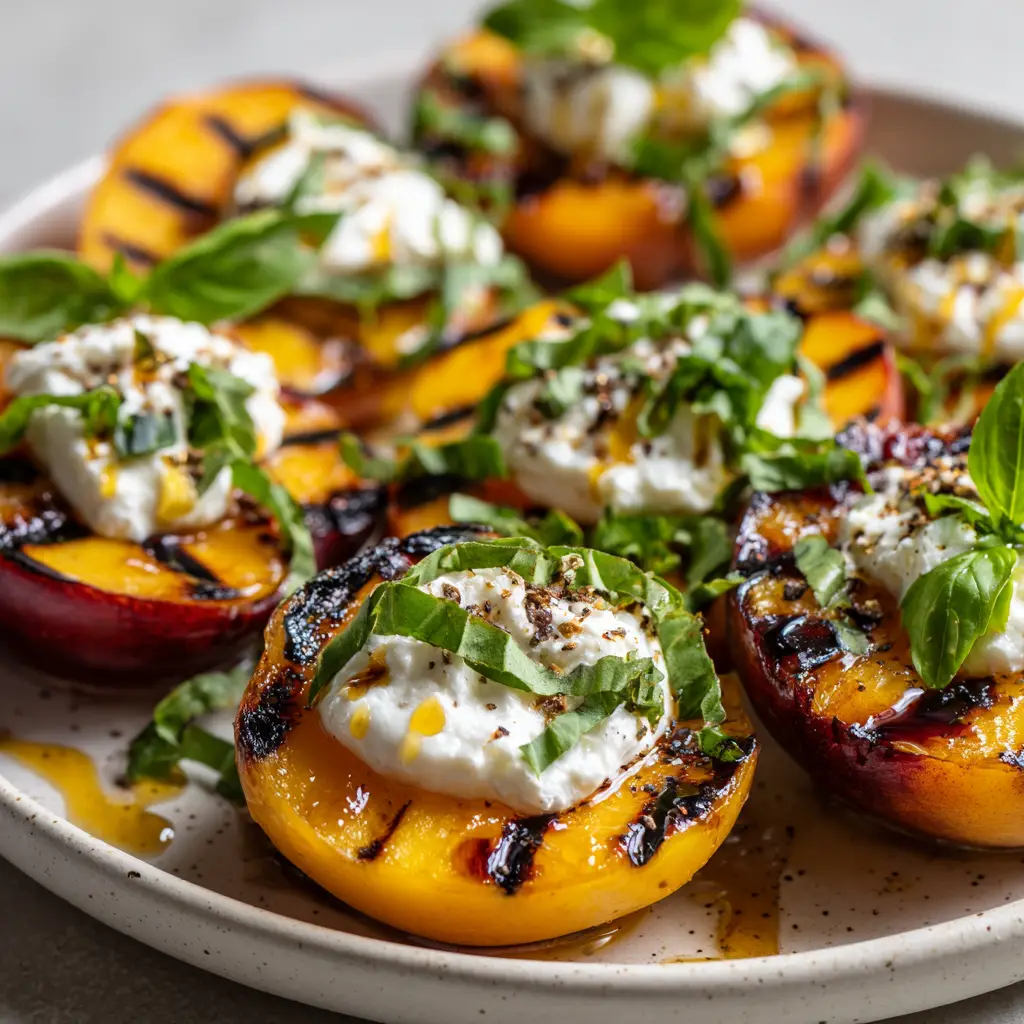 A spoonful of creamy burrata cheese next to a slice of grilled nectarine, ready to be eaten.