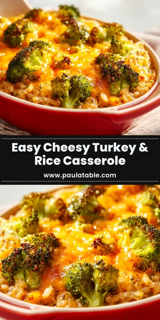 Ground Turkey Rice Casserole (Cheesy & Easy!) 4 An overhead shot of a cheesy ground turkey rice casserole in a white baking dish, ready to be served. The perfect easy weeknight dinner idea.