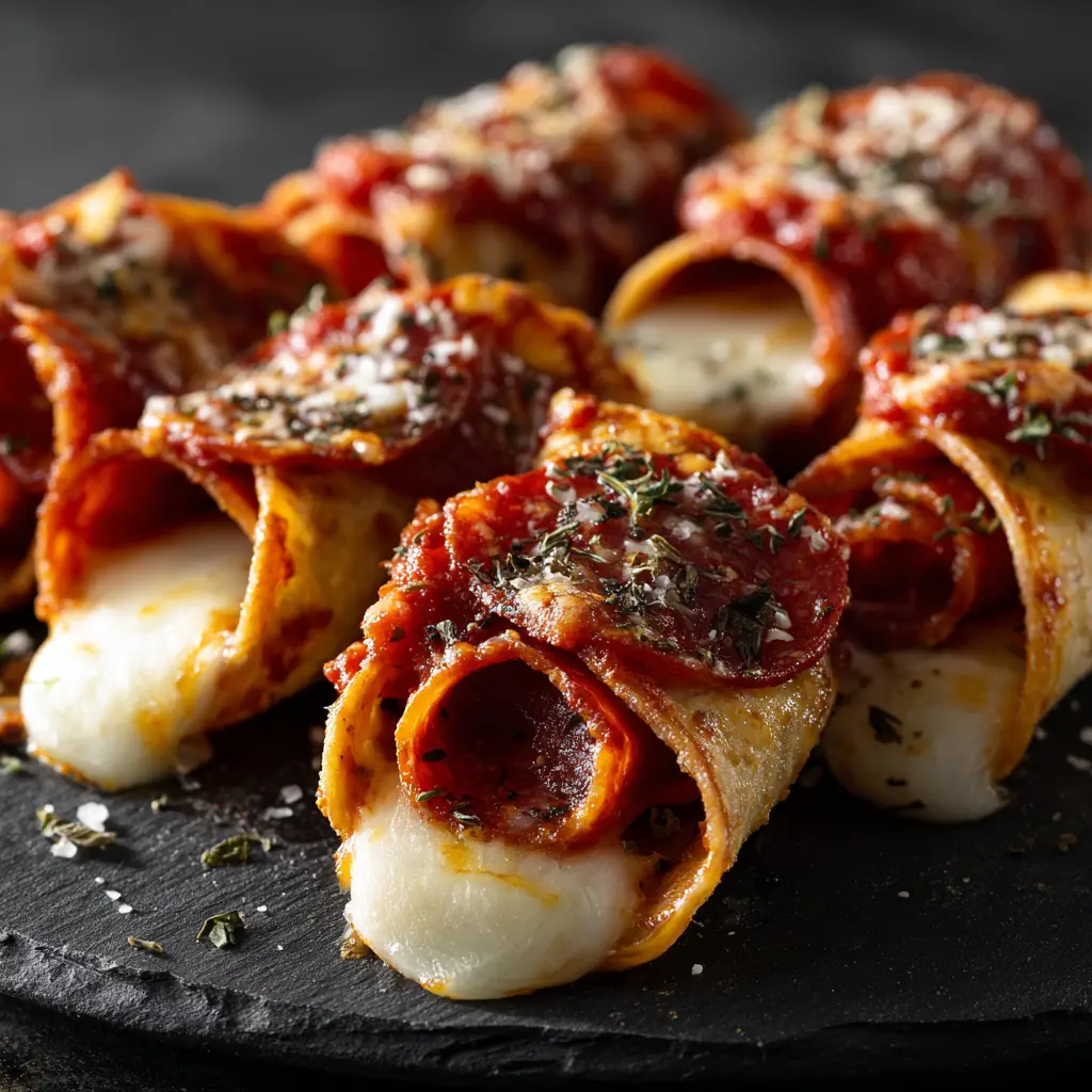 Keto Pizza Roll-Ups (Easy, Cheesy, & Fail-Proof!) 2 A close-up shot of several baked low carb pizza rolls, showcasing the melted mozzarella cheese and crispy pepperoni.
