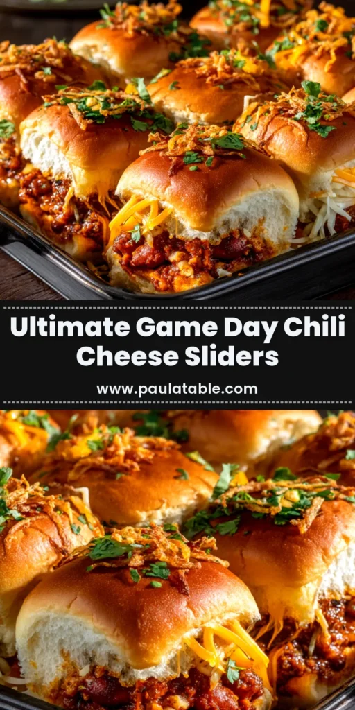 Chili Cheese Dog Sliders: The Ultimate Party Food 3 A tray of baked Chili Cheese Dog Sliders on Hawaiian rolls, topped with melted cheddar cheese and a golden garlic butter glaze. One slider is being pulled away, showing a cheesy, chili-filled center.