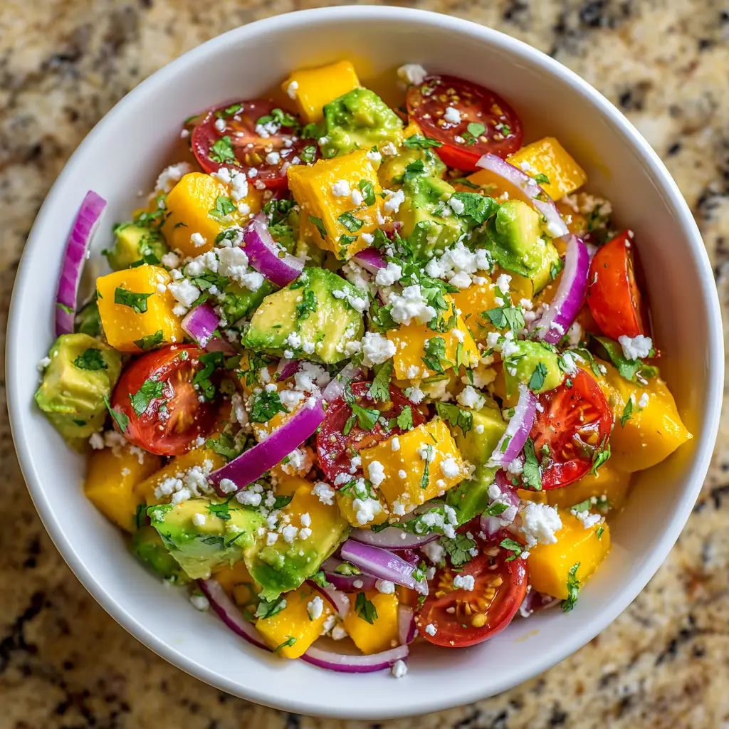 A bowl of zesty chili-lime dressing being whisked, ready to be poured over the mango avocado salad.