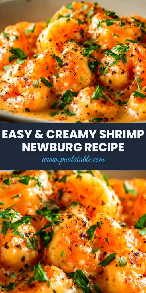 A stunning overhead shot of classic Shrimp Newburg served in a white bowl. The creamy, orange-hued sauce coats plump shrimp, garnished with fresh parsley and served with golden-brown toast points. This image captures the essence of an elegant seafood dinner.