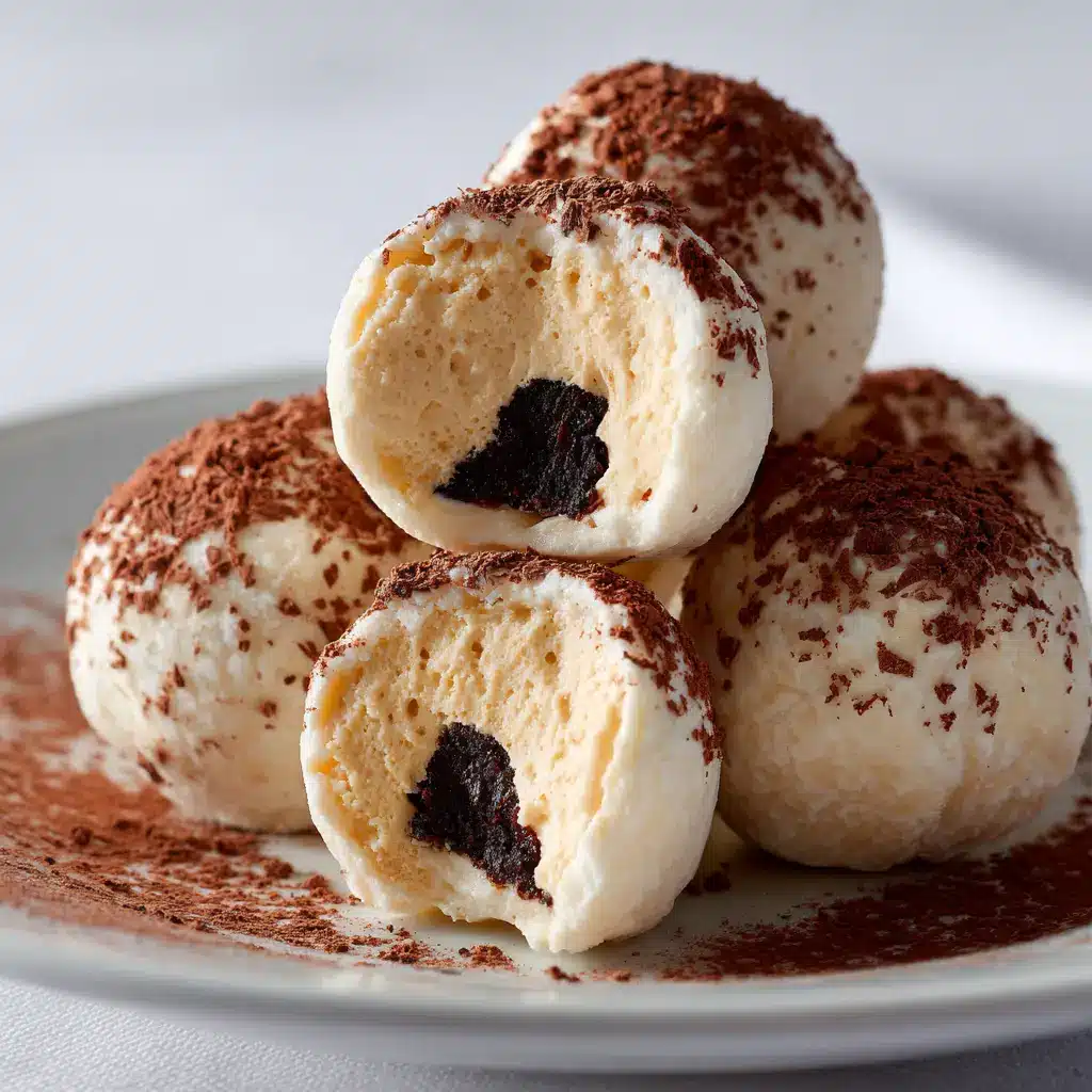 No-Bake Tiramisu Truffles (Easy 6-Ingredient Recipe!) 1 A small pile of no-bake tiramisu truffles dusted with cocoa powder on a white plate, ready to be eaten.