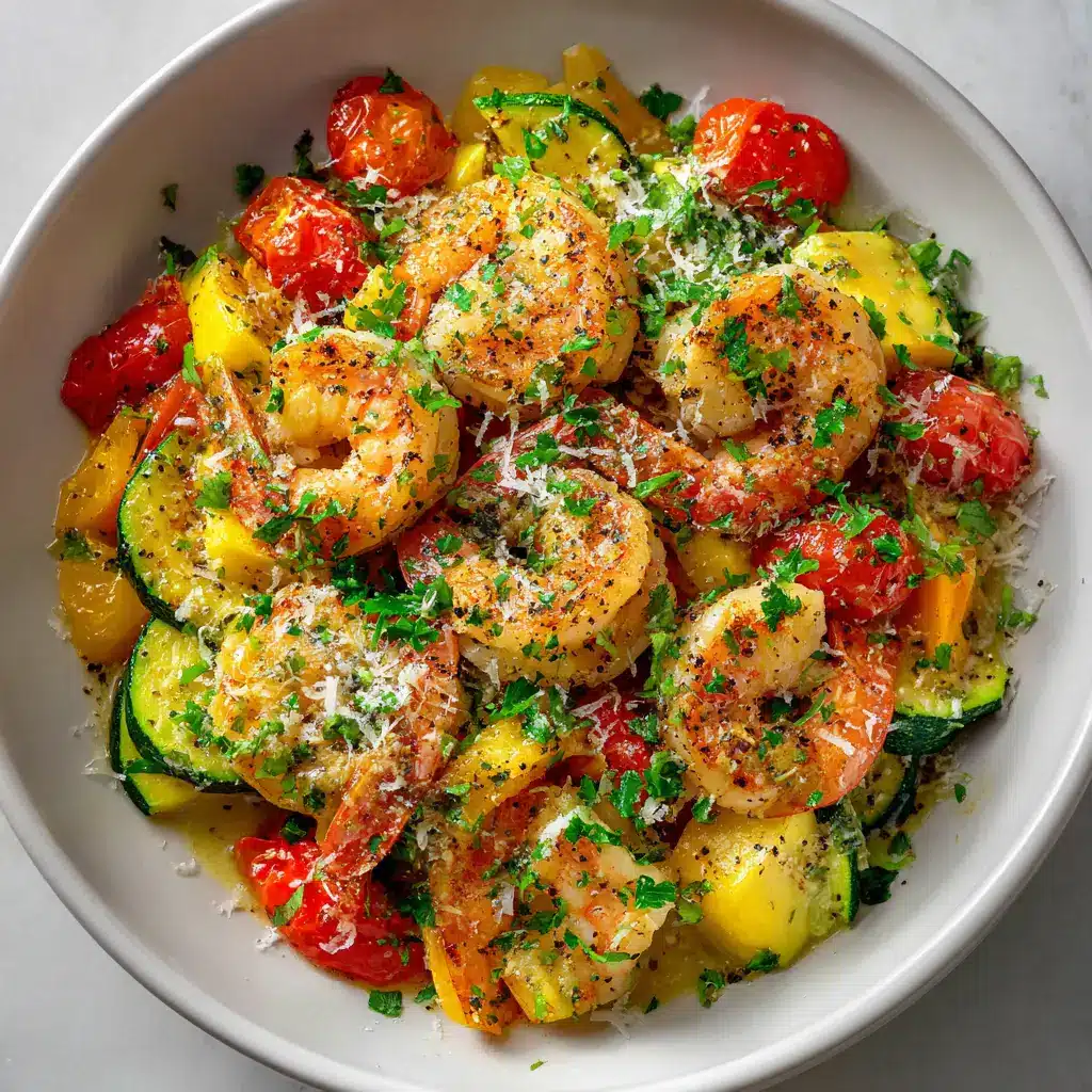 A skillet full of Garlic Parmesan Shrimp being tossed in the pan, with parsley and parmesan cheese sprinkled over the top.