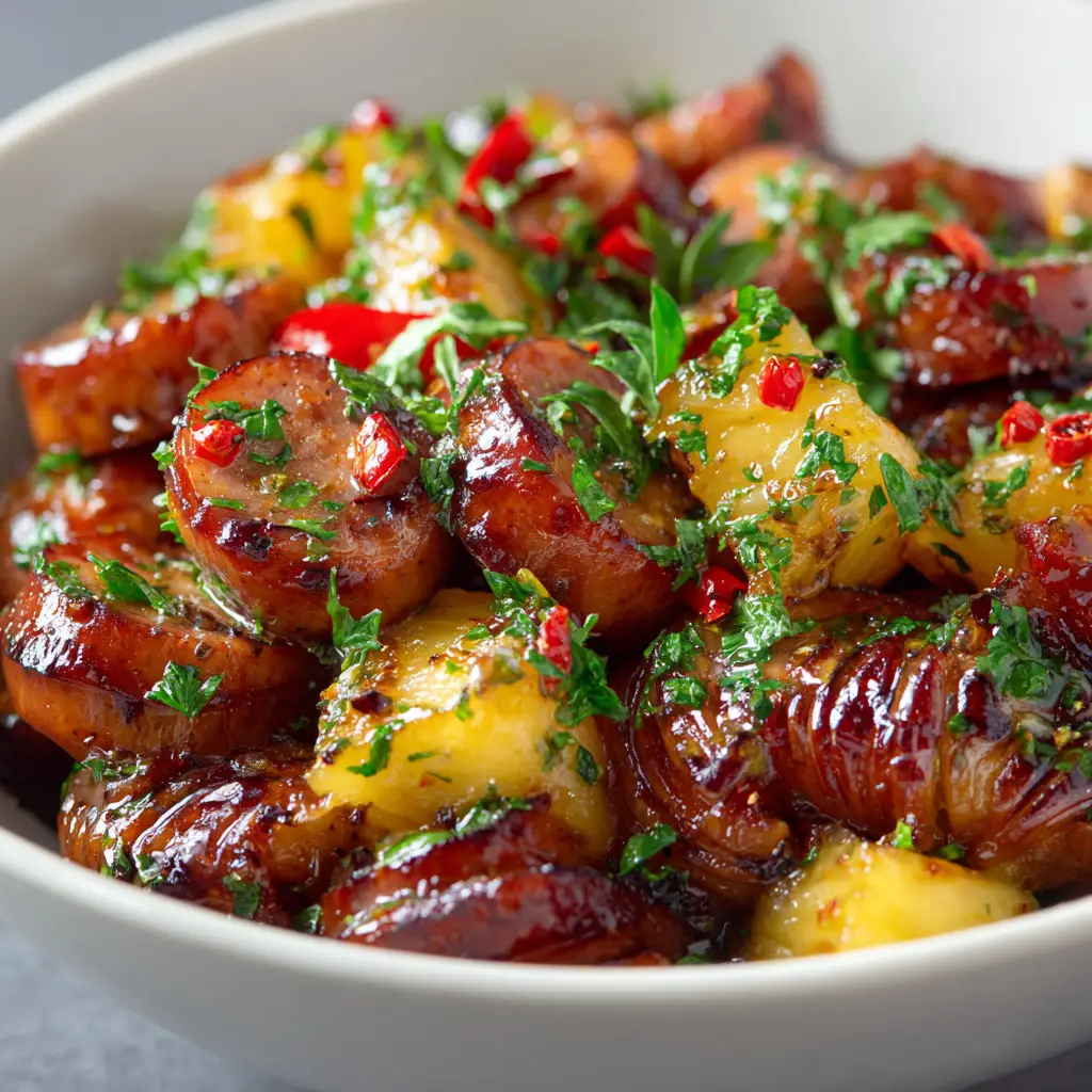 Pineapple Kielbasa Bites: The Easiest 3-Ingredient Appetizer 2 A close-up shot of caramelized kielbasa bites simmering in a skillet with chunks of pineapple and a thick, bubbly BBQ sauce.