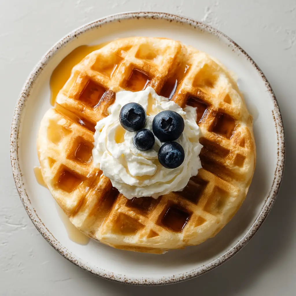 A waffle iron open with a freshly cooked sourdough discard waffle inside, with steam rising from it.