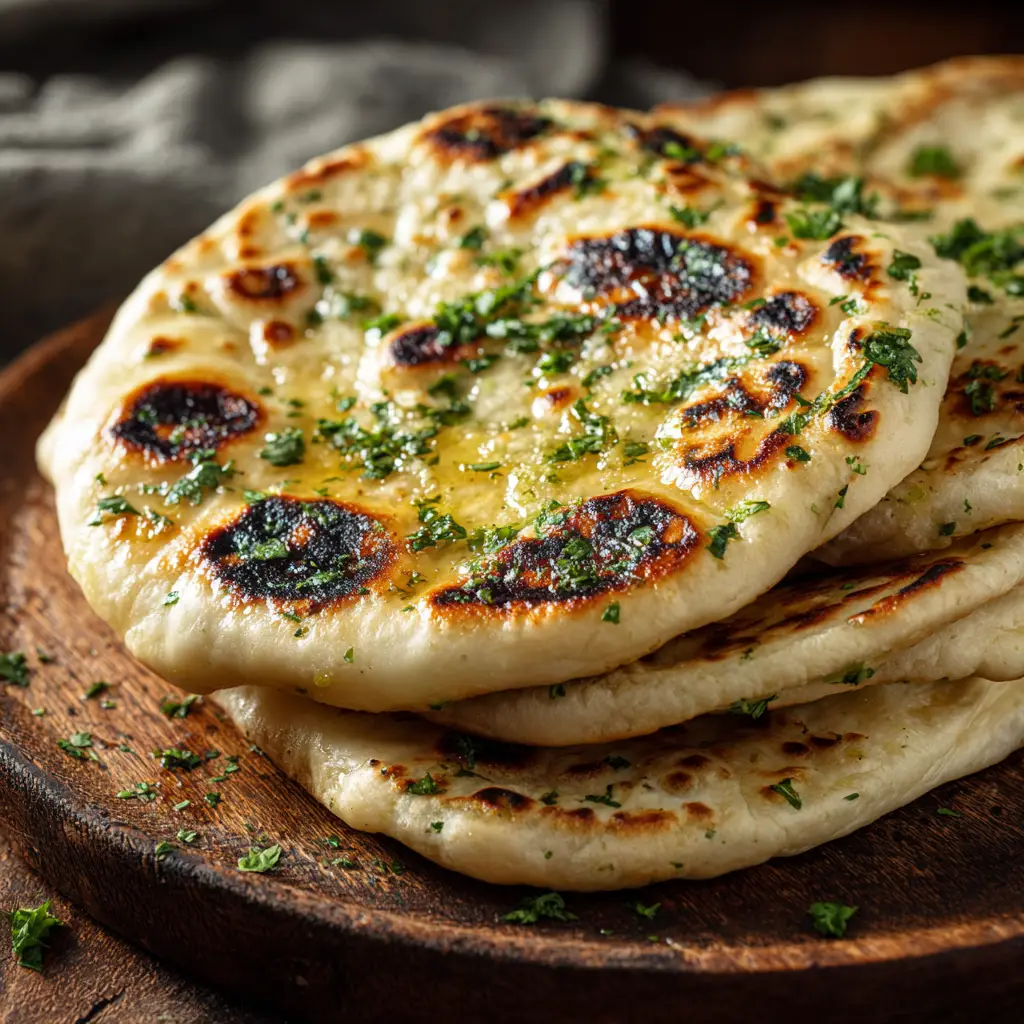 A piece of garlic butter naan cooking in a hot cast-iron skillet, with large bubbles forming on its surface.