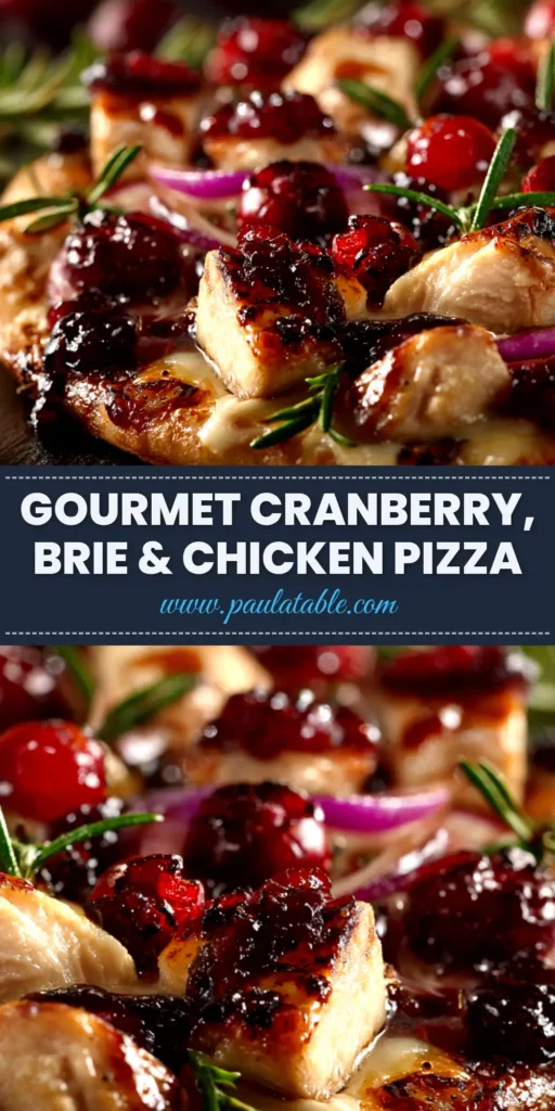 A full Cranberry Chicken Brie Pizza on a wooden cutting board, sliced and ready to serve. A perfect sweet and savory holiday recipe.