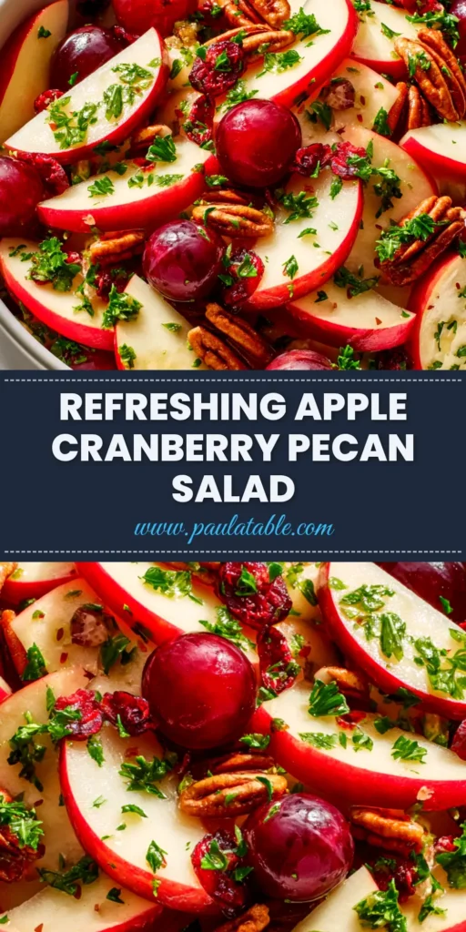 Apple Salad Recipe (The Only One You'll Ever Need) 3 A close-up overhead shot of a creamy apple salad recipe in a white bowl, topped with walnuts and fresh herbs.