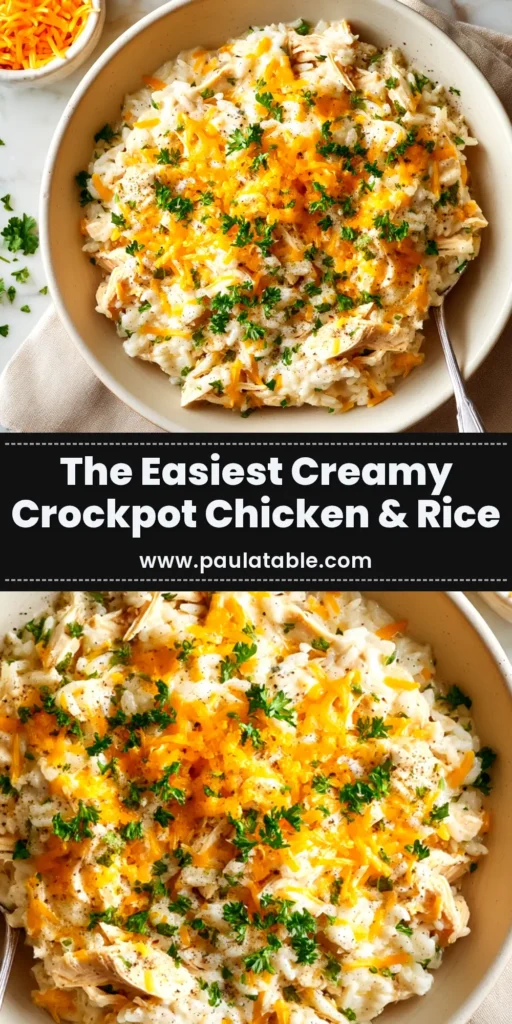 Crockpot Chicken and Rice: The Easiest, Creamiest Recipe! 3 A large white bowl filled with creamy crockpot chicken and rice, garnished with fresh parsley. The perfect easy weeknight dinner idea.