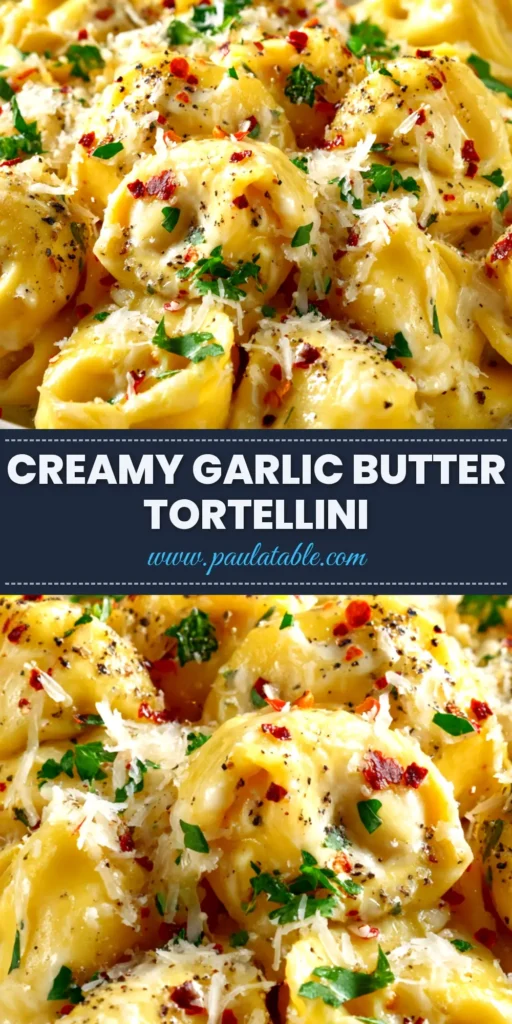 A top-down view of a white bowl filled with creamy garlic butter tortellini, garnished with fresh parsley and black pepper.