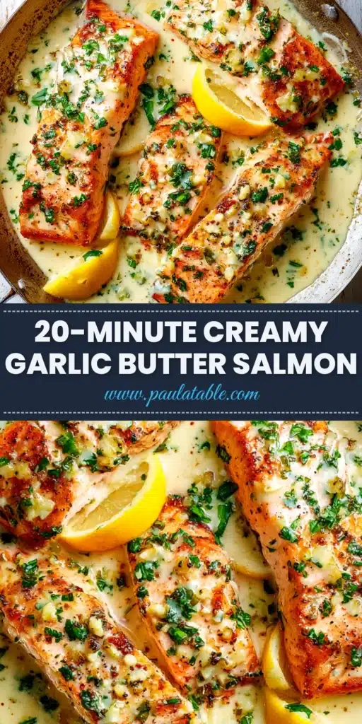 Creamy Garlic Salmon (Ready in 20 Minutes!) 4 A close-up overhead shot of a skillet with Creamy Garlic Salmon. Two salmon fillets are nestled in a rich, white cream sauce, garnished with fresh green parsley.