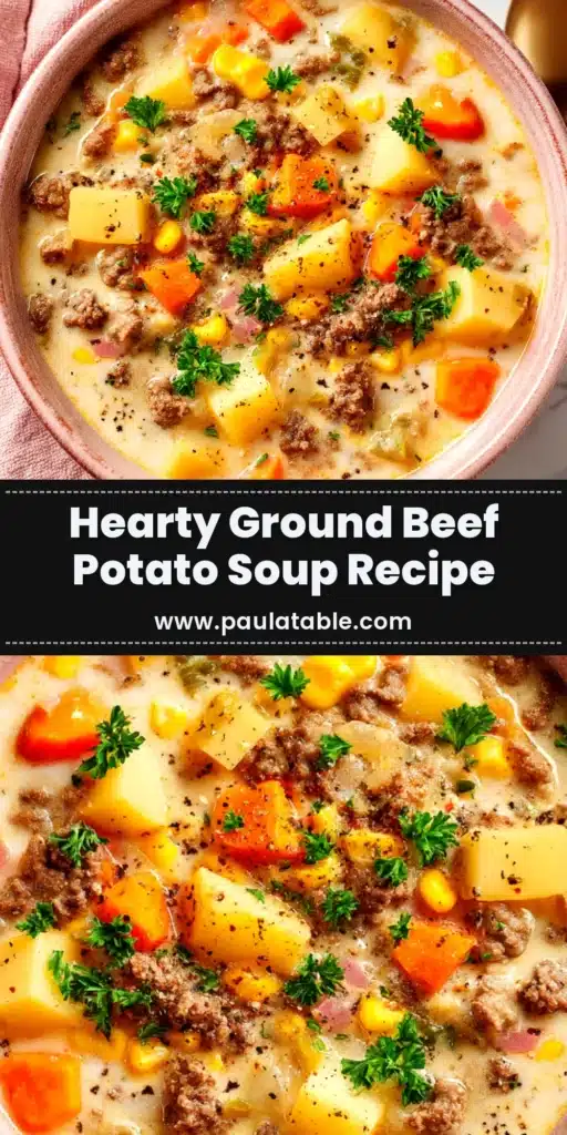 A bowl of creamy ground beef potato soup garnished with fresh parsley. The perfect hearty and easy dinner recipe for the whole family.