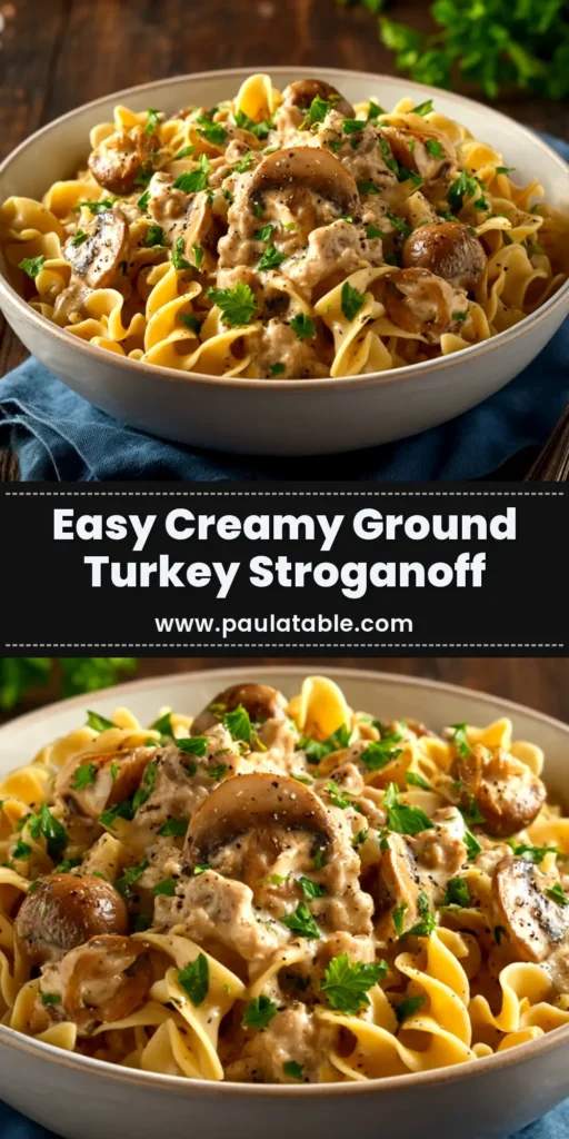 Ground Turkey Stroganoff (The Ultimate Creamy Recipe!) 3 A close-up shot of creamy Ground Turkey Stroganoff in a white bowl, served over egg noodles and garnished with fresh parsley. The perfect easy weeknight dinner idea.