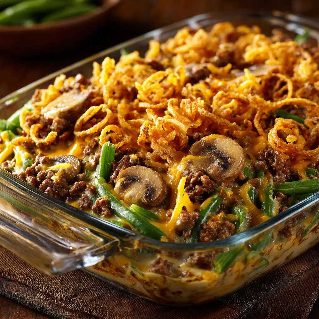 A close-up spoonful of hamburger green bean casserole, showing the mixture of ground beef, green beans, and creamy mushroom sauce.