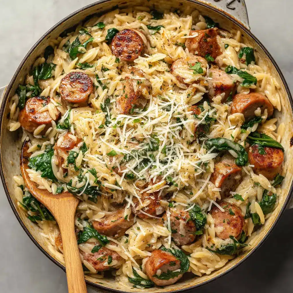 One-Pan Chicken Sausage Orzo with Spinach and Feta 2 A close-up view of the creamy chicken sausage and orzo pasta, showing the tender pasta and wilted spinach in a savory sauce.